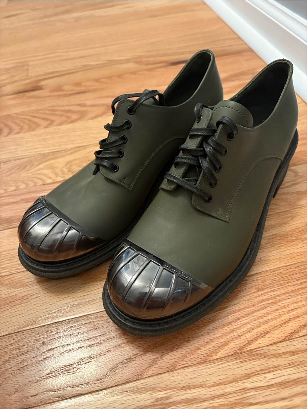 Miu Miu Olive Green Heeled Lace-Up Boots with Black Gloss Toe